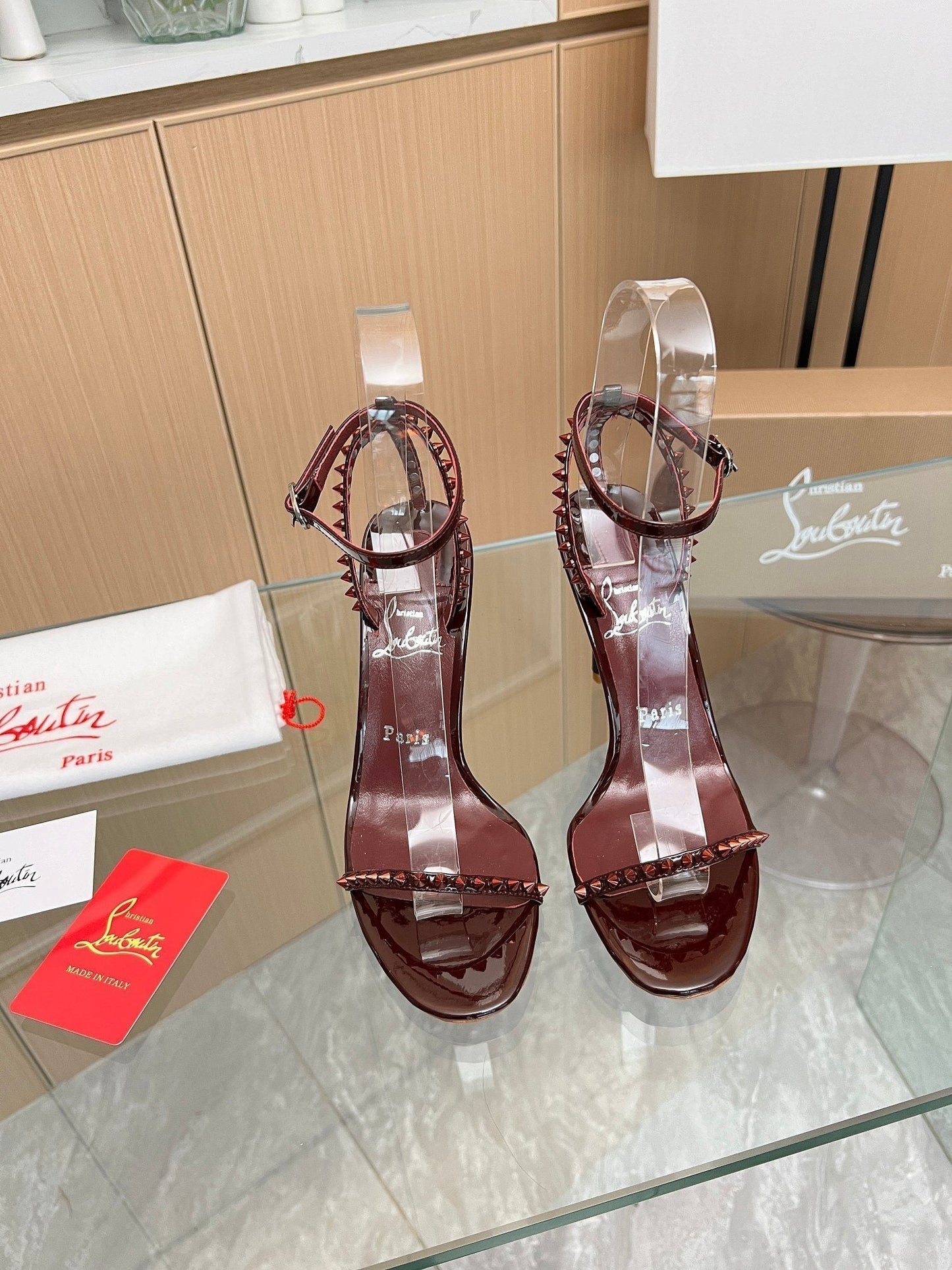 CL So Me 105 mm Strappy Sandal Dark Wine Red Imported Rivets with Sheepskin 251019