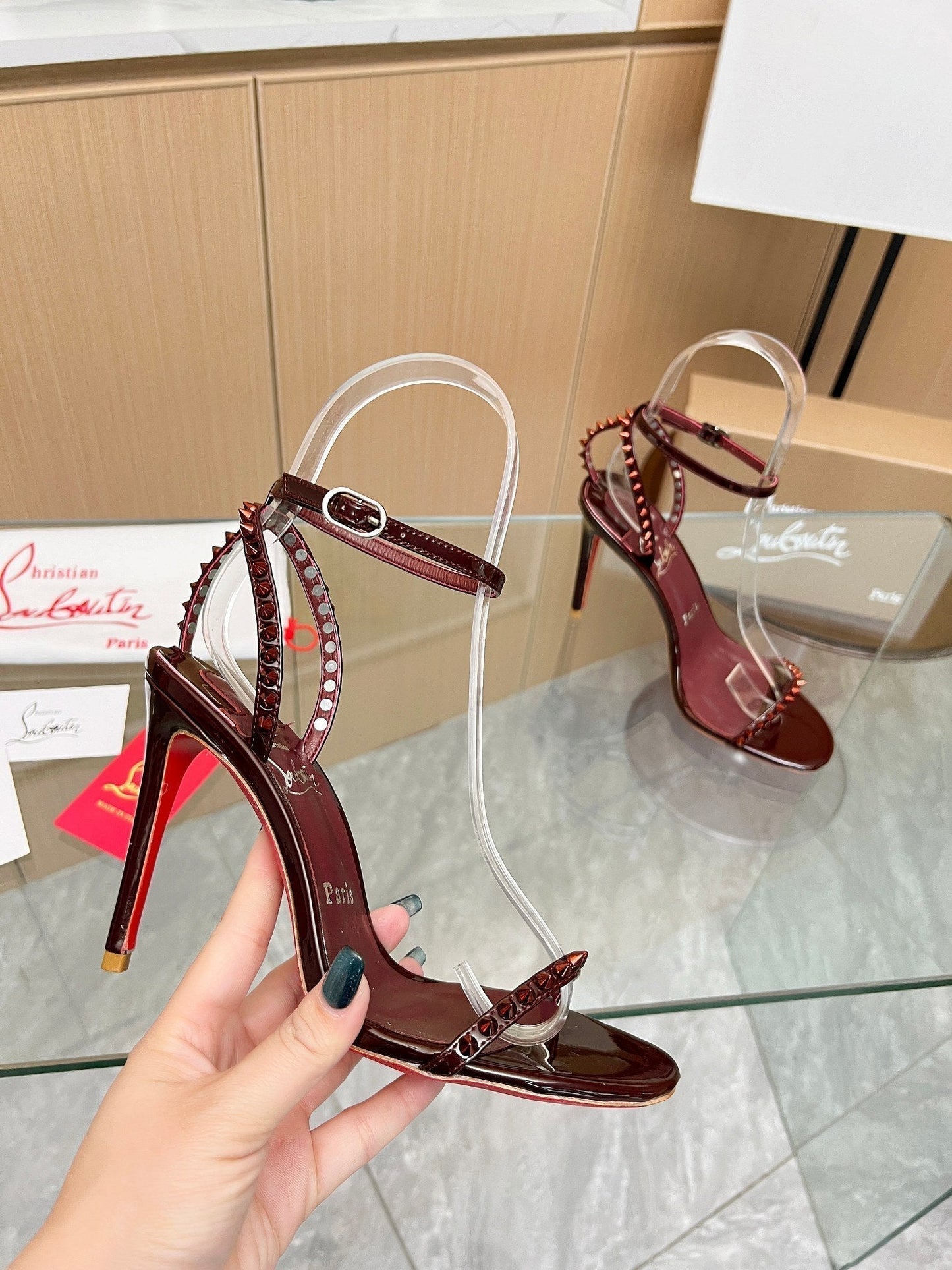 CL So Me 105 mm Strappy Sandal Dark Wine Red Imported Rivets with Sheepskin 251019