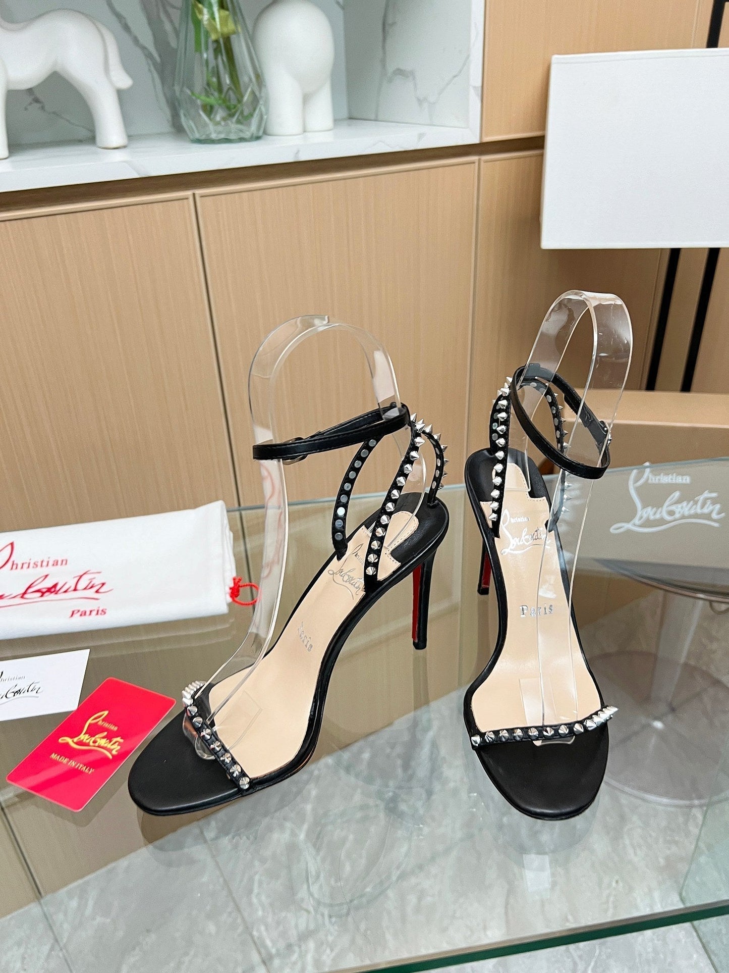 CL So Me 105 mm Strappy Sandals Black  Imported Rivets with Sheepskin 251021