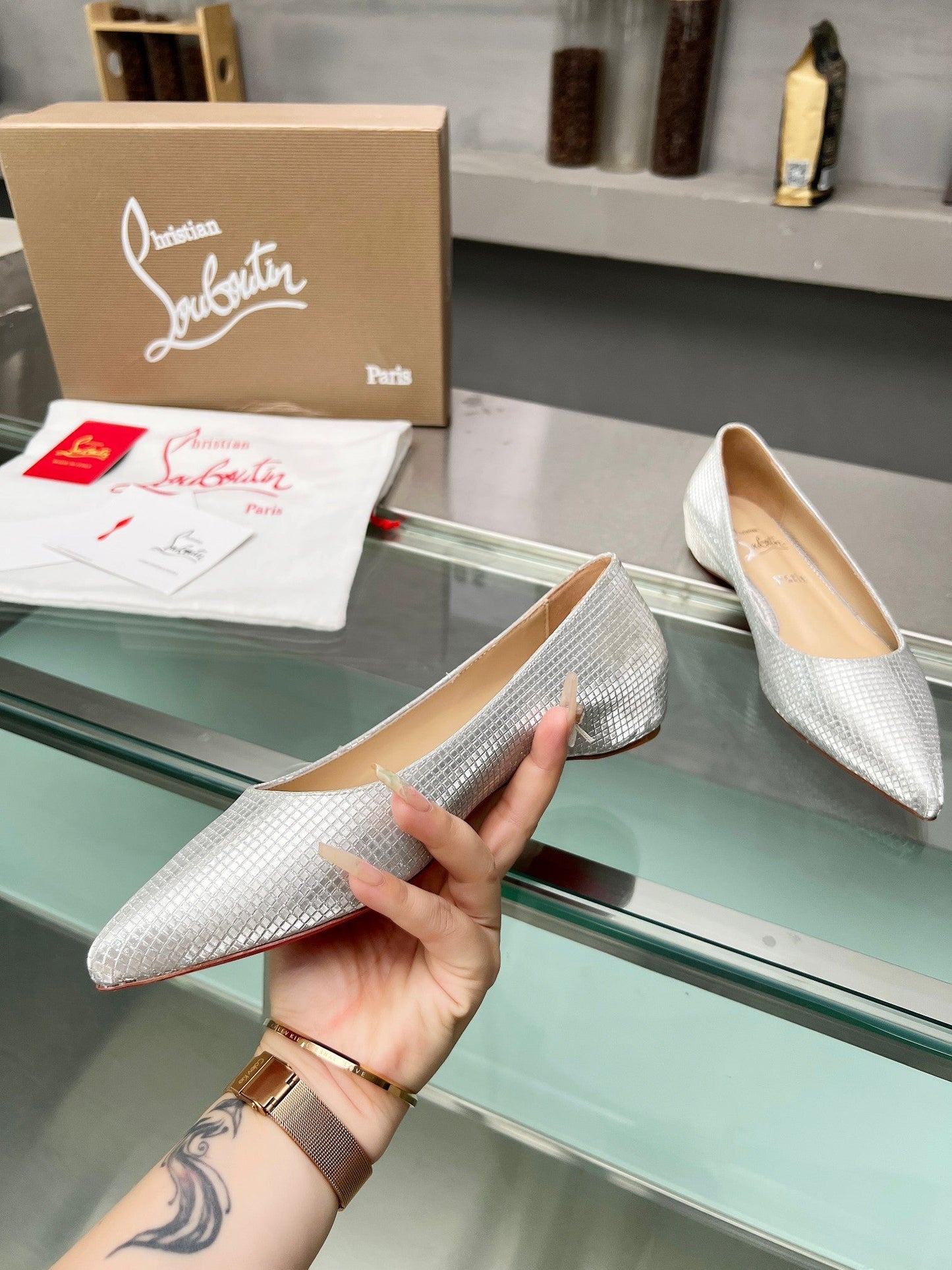 CL Kate Ballerina Flats Sequin Fabric Silver