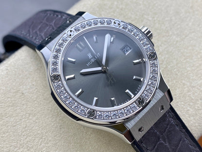 Hublot Classic Fusion Titanium Diamonds 33mm Watch Grey Leather Strap
