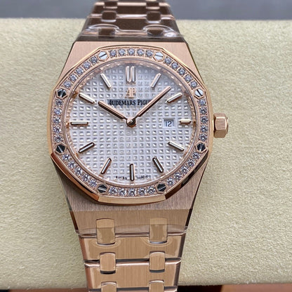 Audemars Piguet Royal Oak Lady 33mm Rose Gold White Dial Diamond Bezel