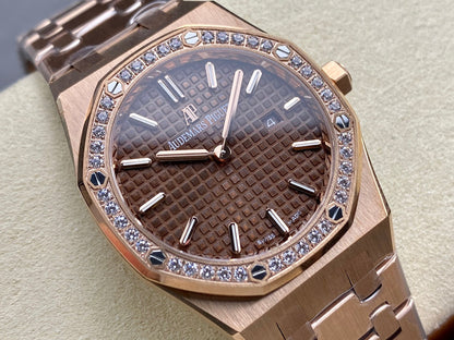 Audemars Piguet Royal Oak Lady 33mm Rose Gold Brown Dial Diamond Bezel
