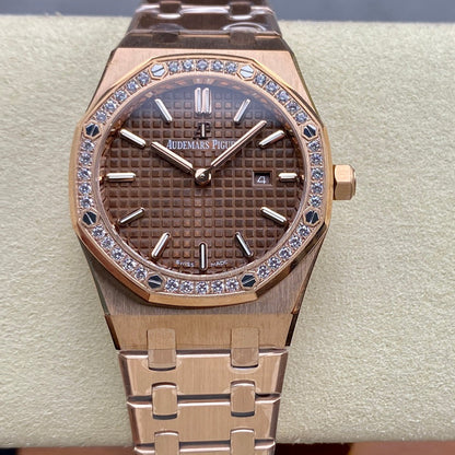 Audemars Piguet Royal Oak Lady 33mm Rose Gold Brown Dial Diamond Bezel