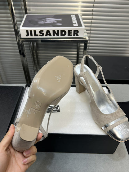 slingback grey suede silver metalic lambskin square toe 9.5