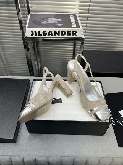 slingback grey suede silver metalic lambskin square toe 9.5