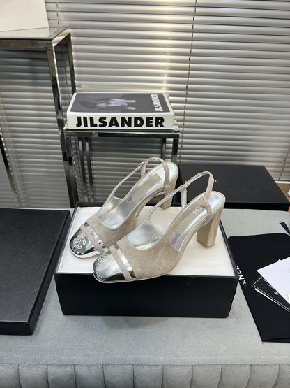 slingback grey suede silver metalic lambskin square toe 9.5