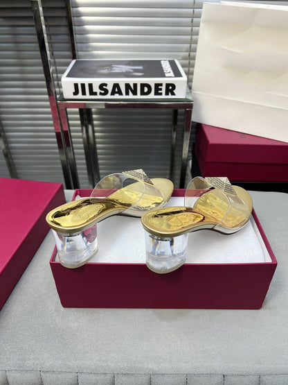 Heeled Sandals 6cm with Crystal Square Buckle Gold