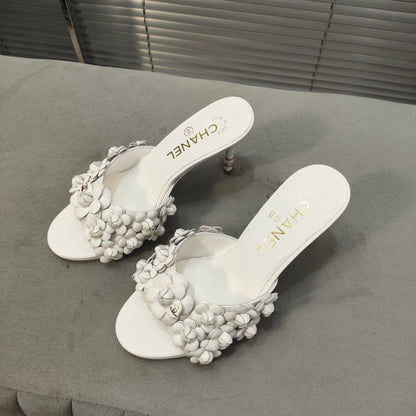 mule sandal 80 white calfskin flower
