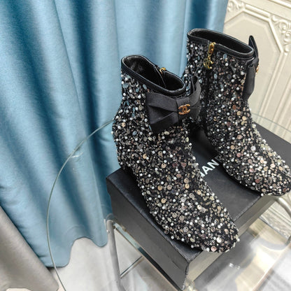 CC Ankle Boots Black Bow Tweed Sequin Beaded Fabric