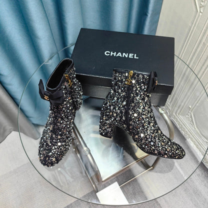 CC Ankle Boots Black Bow Tweed Sequin Beaded Fabric