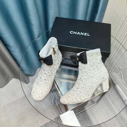 CC Ankle Boots White Bow Tweed Sequin Beaded Fabric