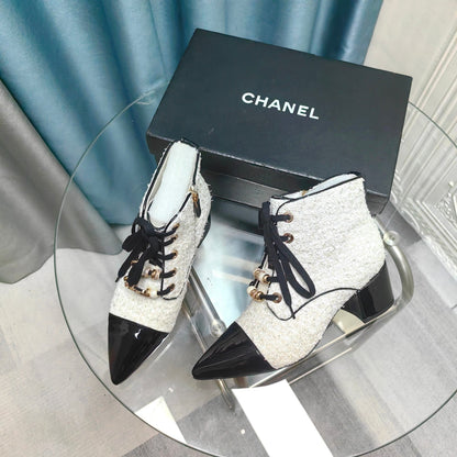 CC Ankle Boots White Tweed Fabric And Lambskin
