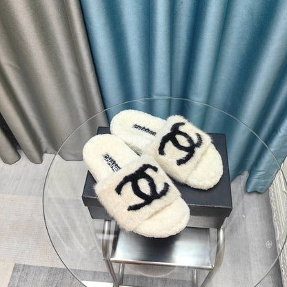 CC Slippers White Black Text Fleece Wool