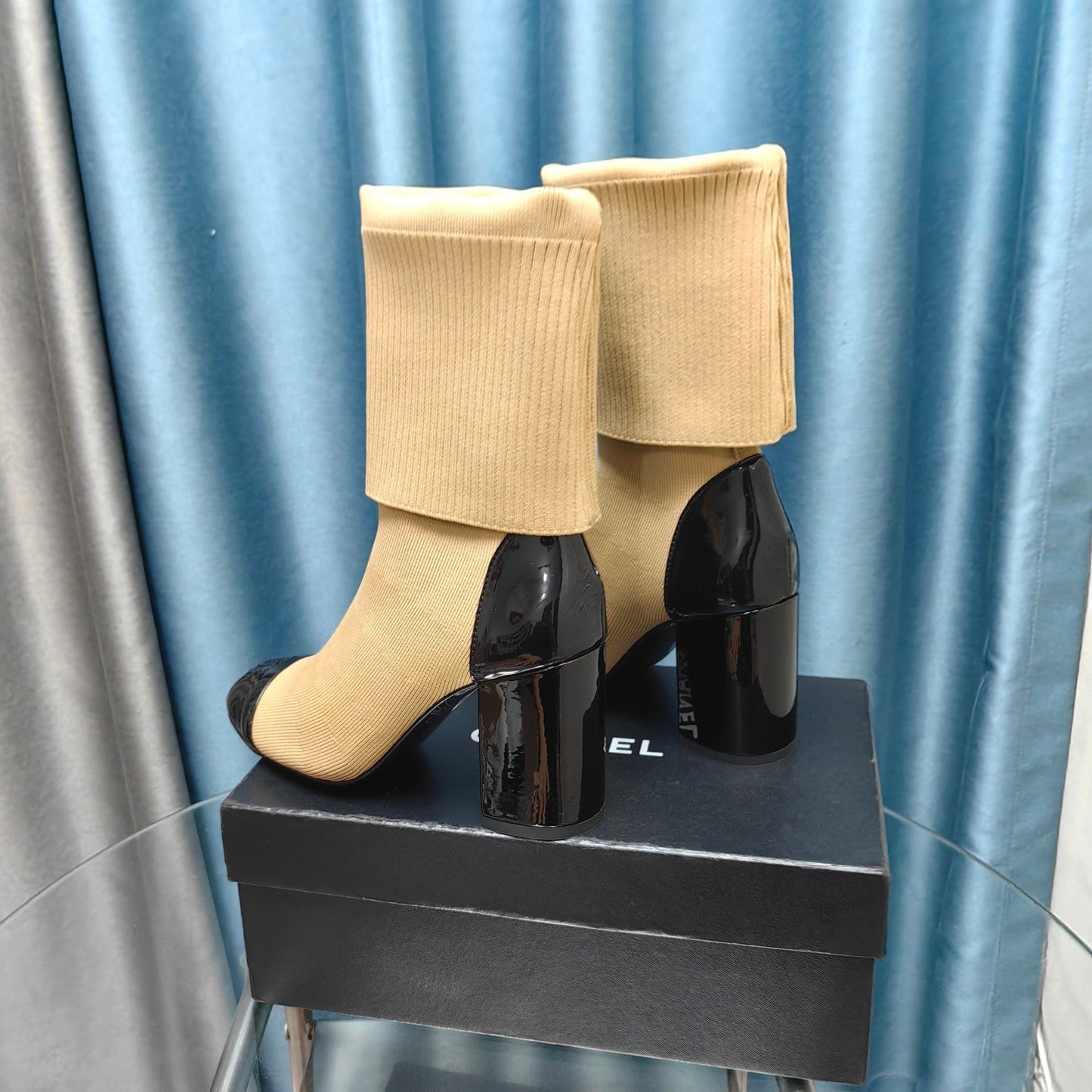 CC Short Boots 80mm Beige Wool Fabric And Lambskin