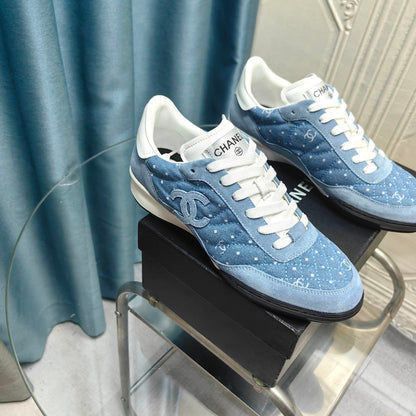 CC Sneaker Blue Quilted Denim Fabric And Suede