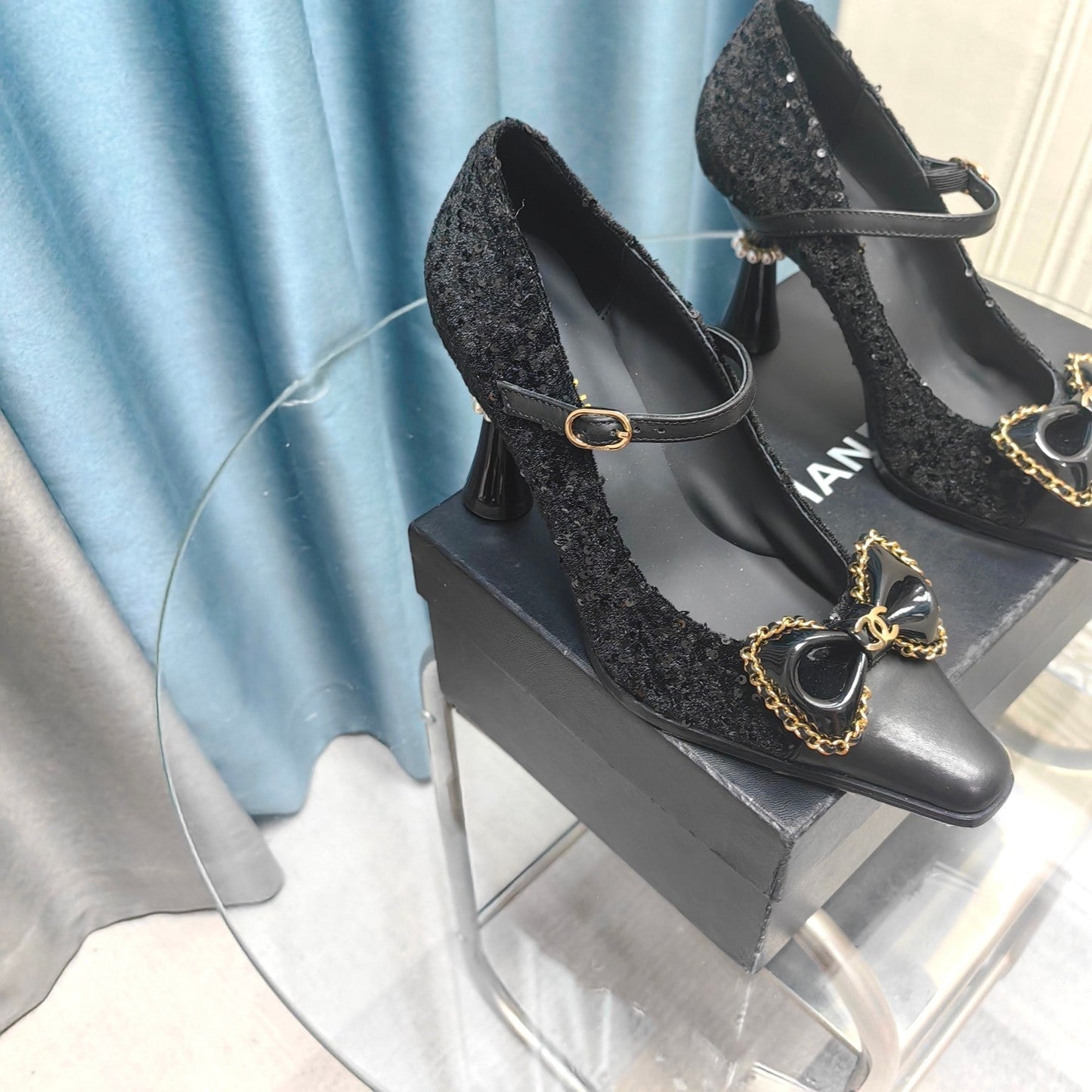 CC High Mary Janes Black Beaded Fabric And Lambskin