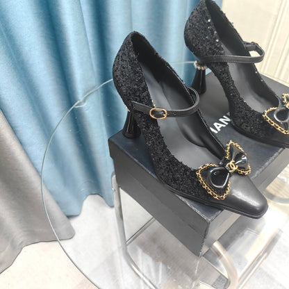 CC High Mary Janes Black Beaded Fabric And Lambskin