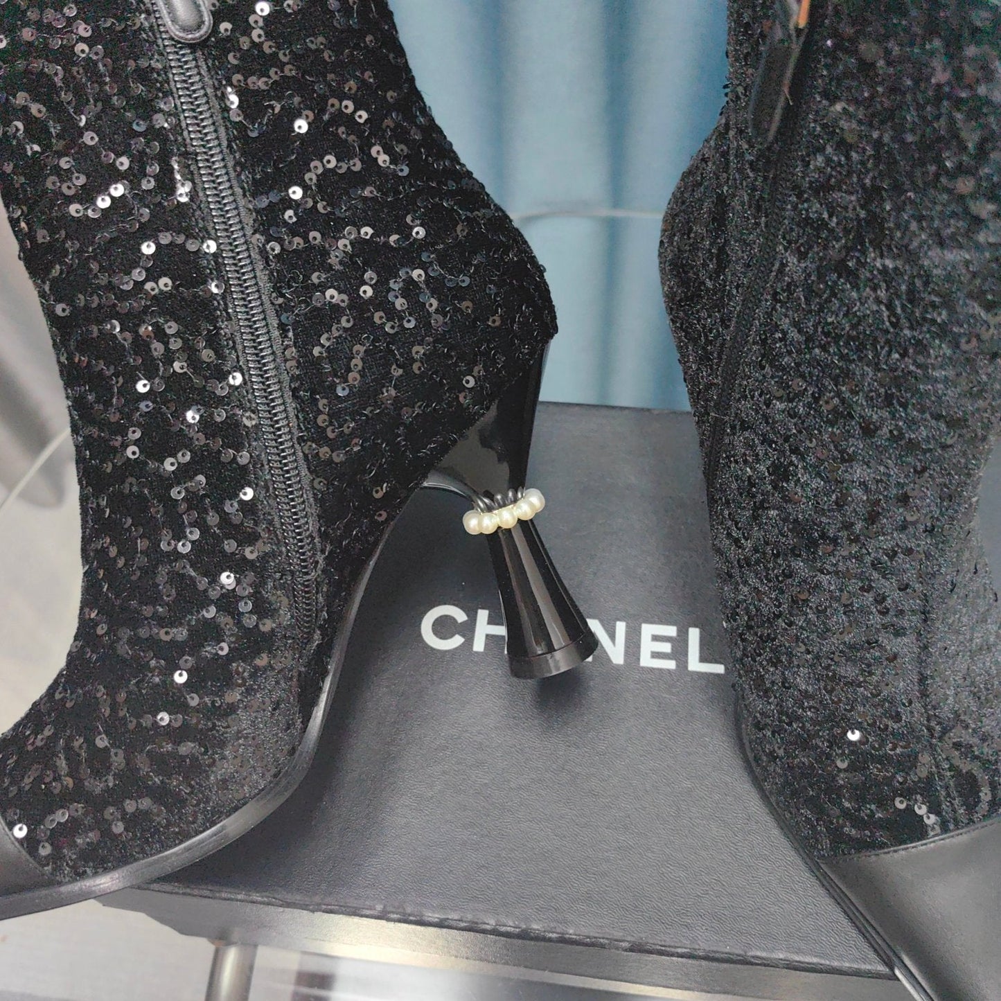 CC Ankle Boots Black Beaded Fabric And Cowhide