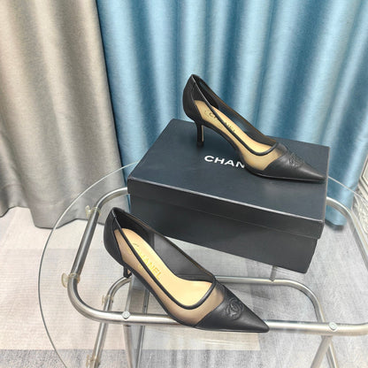 CC Pumps 50 Black Mesh Leather Pointed Toe