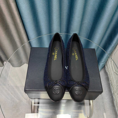 CC 25P Ballet Flat Dark Blue Tweed Black Calfskin
