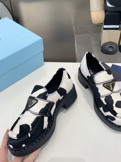 PRA 26S Platform Loafers Black White Cow Print Leather 628561