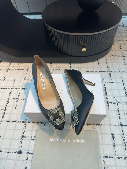 Manolo Blahnik Hangisi Embellished Pumps Black Satin  Leather