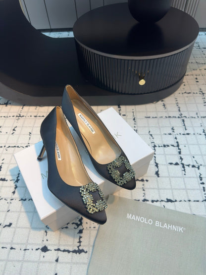 Manolo Blahnik Hangisi Embellished Pumps Black Satin  Leather
