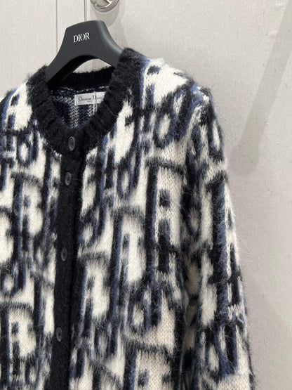 CD 25 Knitted Round Neck Cardigan Black White Mohair wool 210006