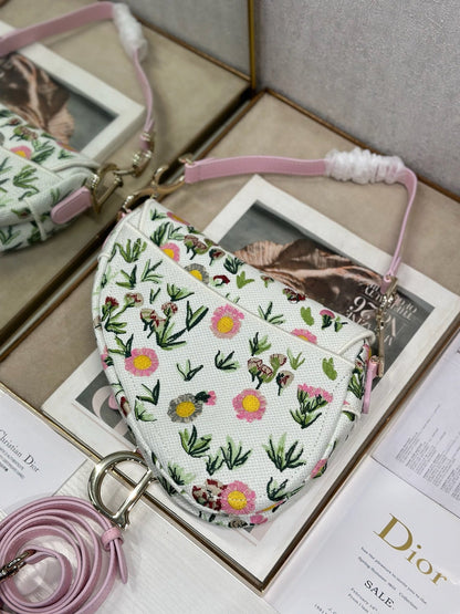 Dior 2026 Pink Flower Saddle Bag 25.5cm White Mix Colors Canvas Leather 154974