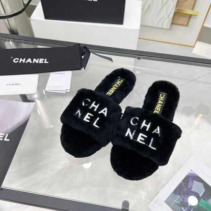 CC Slippers Black With White Lettering Fleece