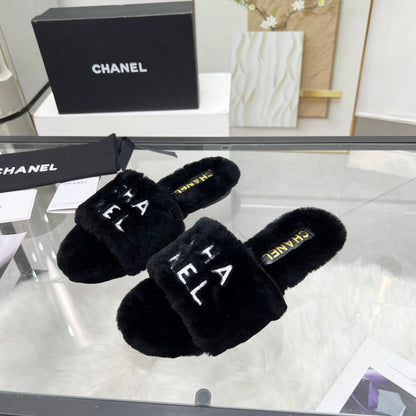 CC Slippers Black With White Lettering Fleece