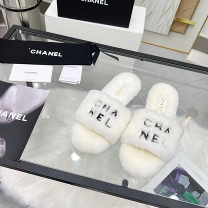 CC Slippers White With Black Lettering Fleece
