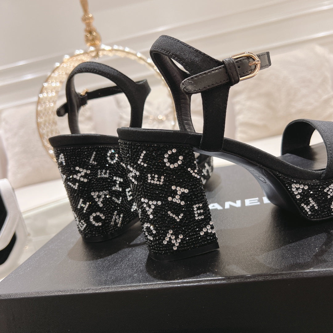 CC 25C 10CM Mid Heed Sandals Black Fabric 213324