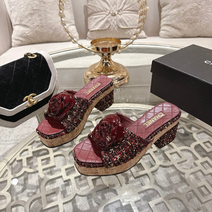 CC 26s Camellia Platform Slippers 65 Burgundy Multicolor Tweed Leather 627053
