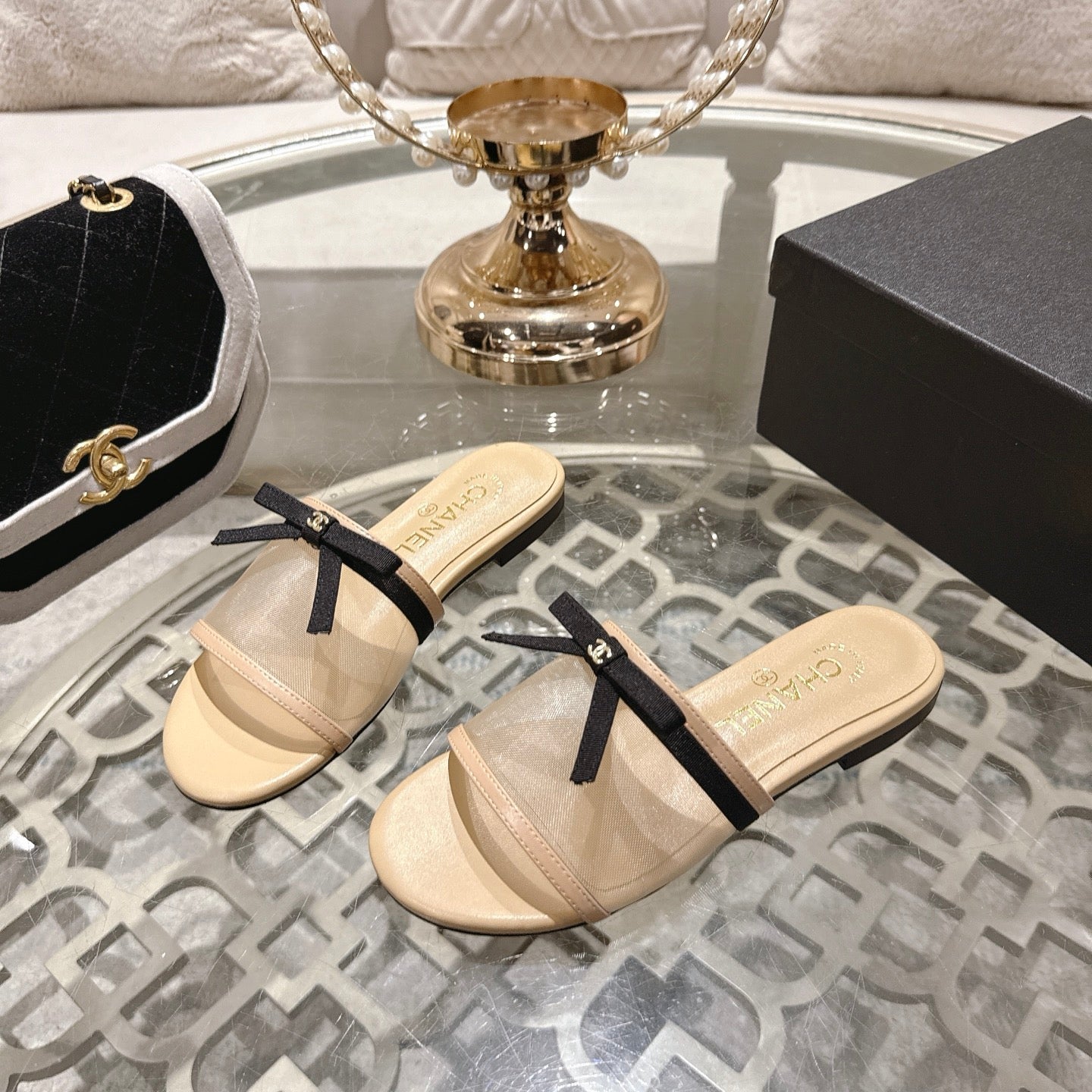 CC 26s Chunky Heel Sandals Beige Mesh Sheepskin 627068