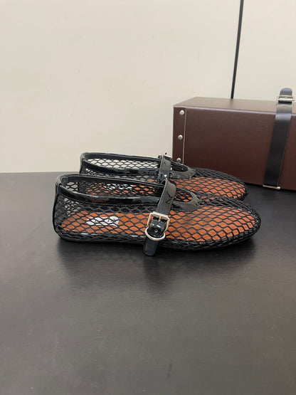 ALAIA BALLET FLATS IN BLACK MESH FISHNET