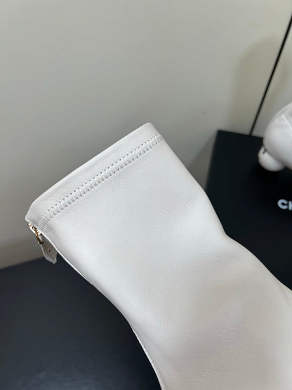 Chanel Double C Giant Pearl Heel Stretch Boots White Sheepskin 441706