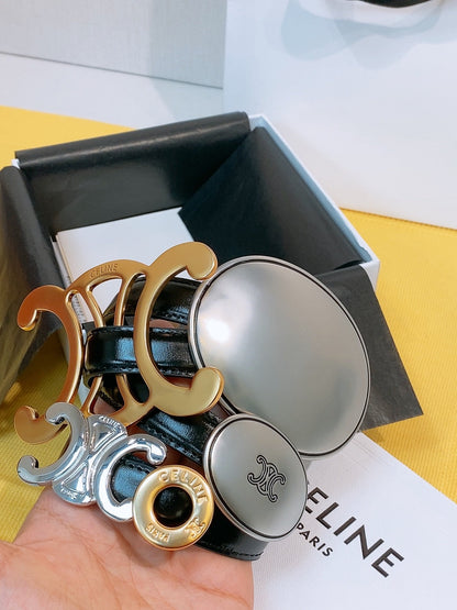 Celine 2026 Signature Belt 1.8cm Black Gold Silver Taurillon Leather
