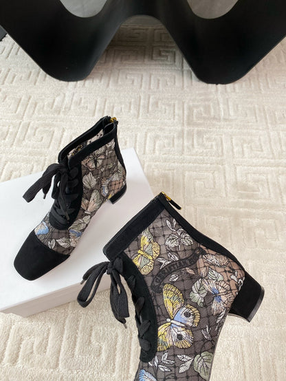 CD Naughtily-D Heeled Ankle Boot Black Mix Yellow Blue Transparent Mesh Butterfly And Suede