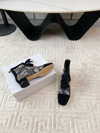 CD Naughtily-D Heeled Ankle Boot Black Mix Yellow Blue Transparent Mesh Butterfly And Suede