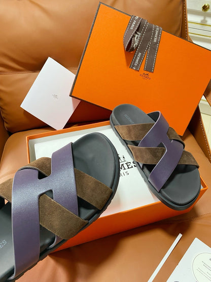 HM 2026 Cross Sandals Black Brown Purple Suede Calfskin 667290