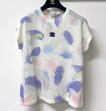 Chanel 2026 Striking Pastel Feather Pattern Short-sleeved Shirt Acrylic 295265