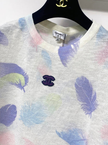 Chanel 2026 Striking Pastel Feather Pattern Short-sleeved Shirt Acrylic 295265