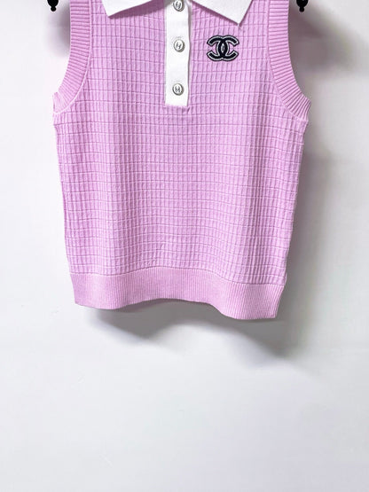 Chanel 2026 Pink Sleeveless Knit Polo Top Tencel 310323
