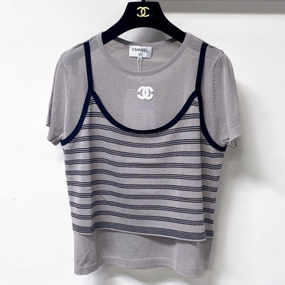 Chanel 2026 Grey Knit Top Striped Camisole Overlay 416252