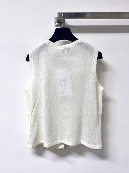 Chanel 2026 White Sleeveless Knit Vest Gold Embroidery Wool 416251