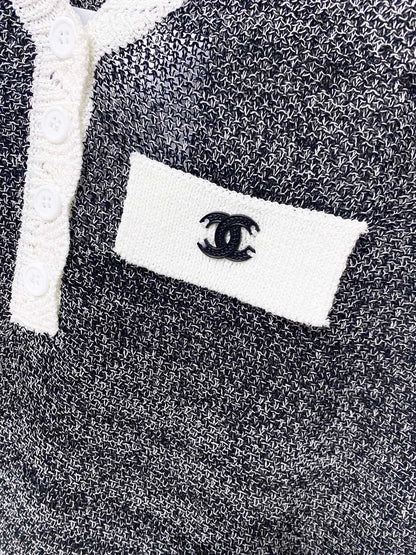 Chanel 2026 V-neck Knit Vest Grey With White Trim Cotton 427597