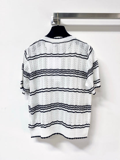 Chanel 2026 Striped Knit Short Sleeve Cardigan Mercerized Wool 435114