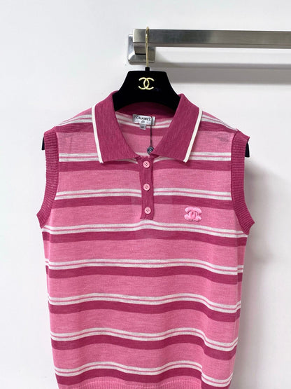Chanel 2026 Knit Sleeveless Polo-Neck Top Pink Lelin 449878